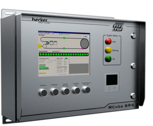 Control panel of Becker Mining Systems' MCube BRS 2 device showcasing the system interface with status indicators for alert, warning, and OK, integrated with advanced MCube RFID Belt Rip Detection.