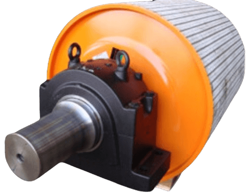 A large industrial cylindrical roller with an orange casing, featuring a thick metal shaft protruding from the black and orange housing—a component likely part of heavy-duty machinery. Resembling a conveyor pulley, its surface behind the casing appears grooved or ribbed.