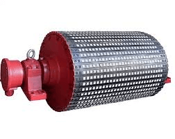 An industrial rotary drum with a red cylindrical base and a metallic mesh surface. The motorised pulley is designed for use in machinery and has a robust, heavy-duty structure, ensuring its suitability for industrial applications. A connecting fixture is attached to one end.