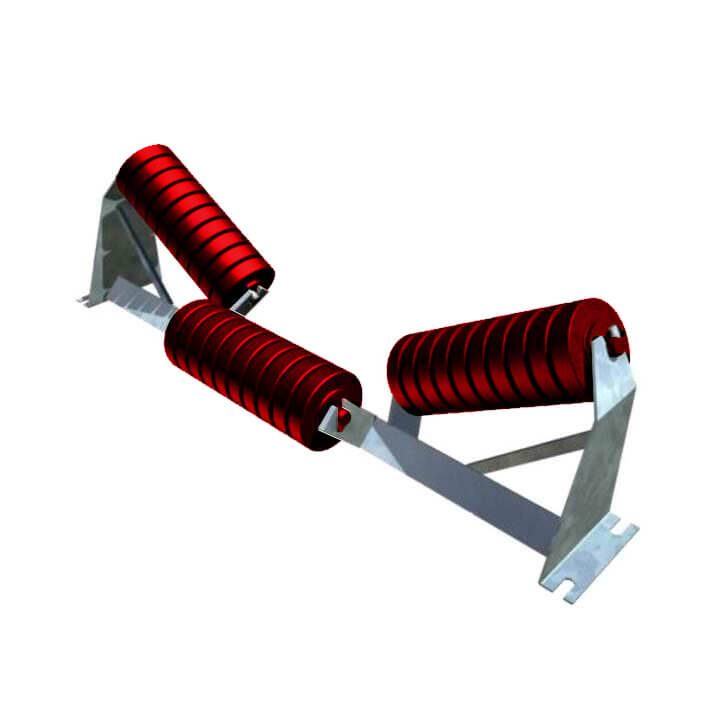 A metal contraption featuring three red, cylindrical rollers arranged in a triangular configuration, likely part of an industrial or mechanical system, resembles troughing idlers.