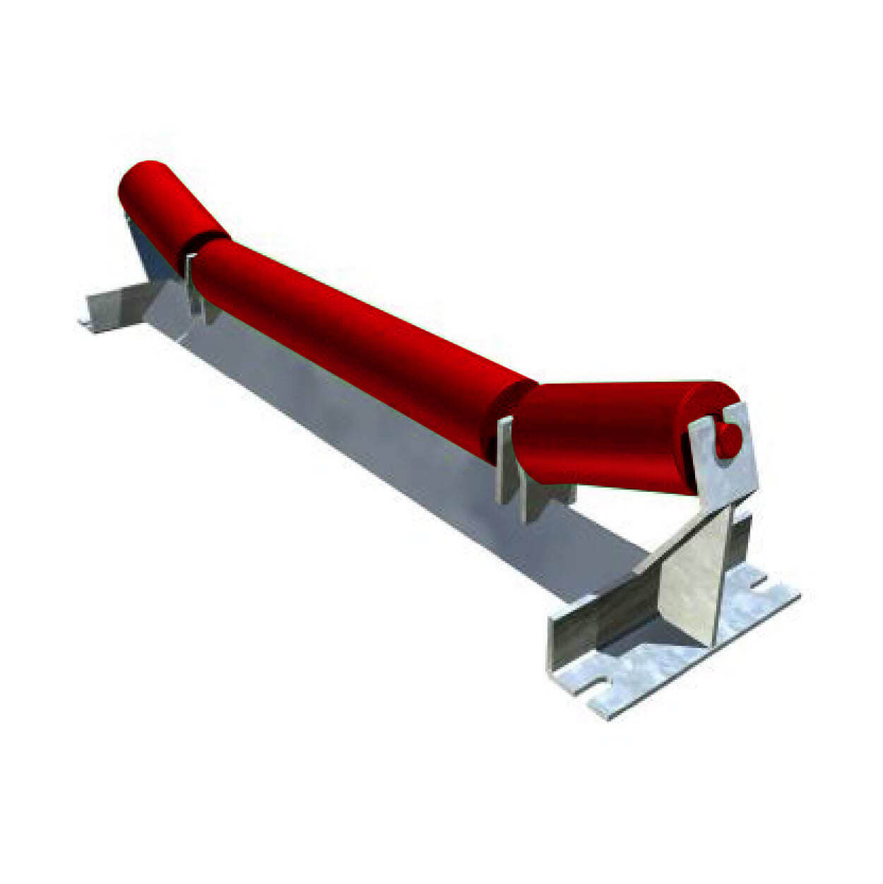 A red cylindrical conveyor belt roller with a metal support frame, enhanced by troughing idlers for improved material handling.