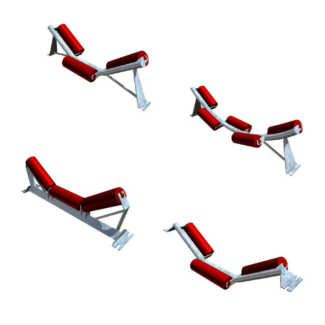Four images showcase a red and silver roller conveyor system component with integrated troughing idlers from different angles.