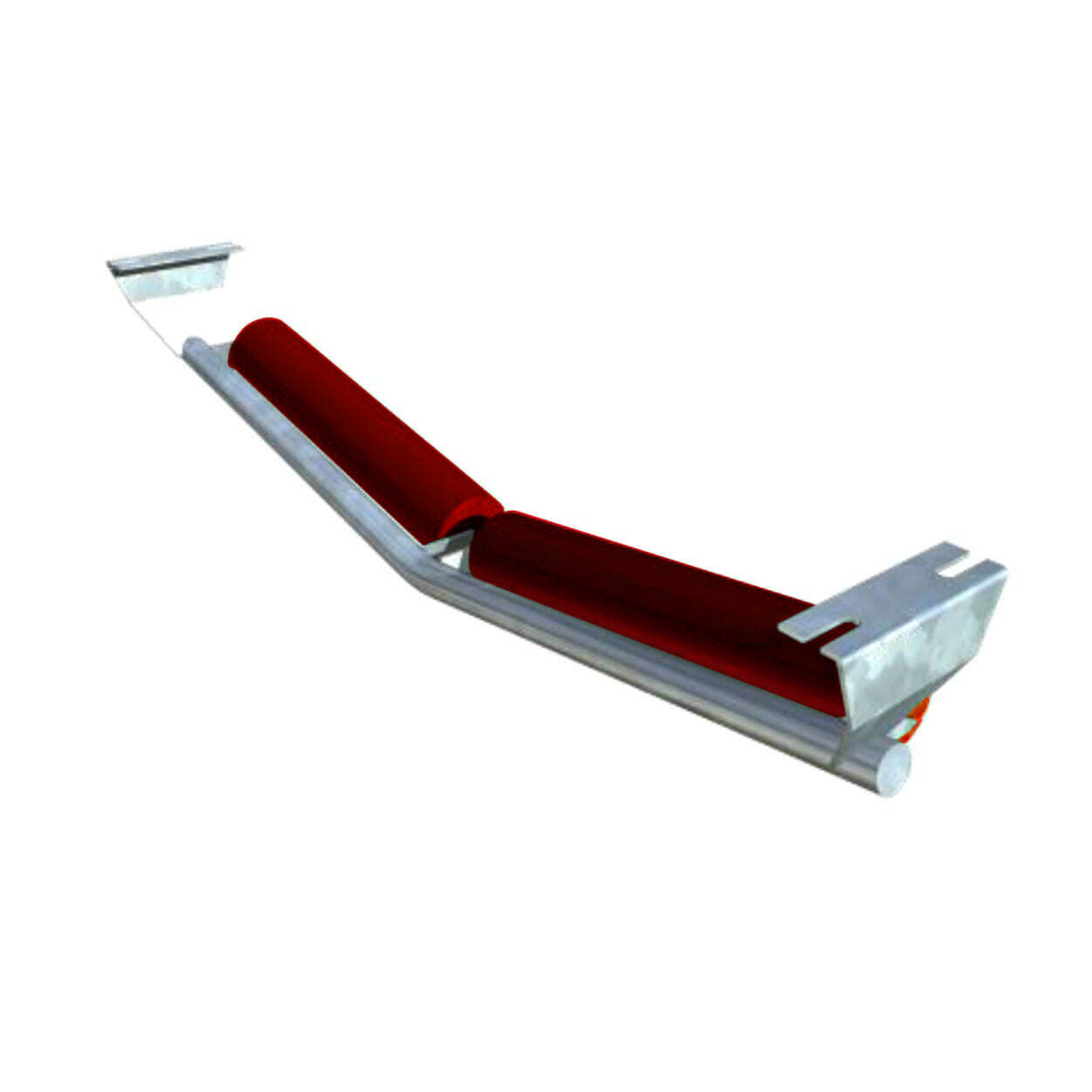 A conveyor belt idler with three red rollers attached to a metal frame, designed as versatile Troughing Idlers.
