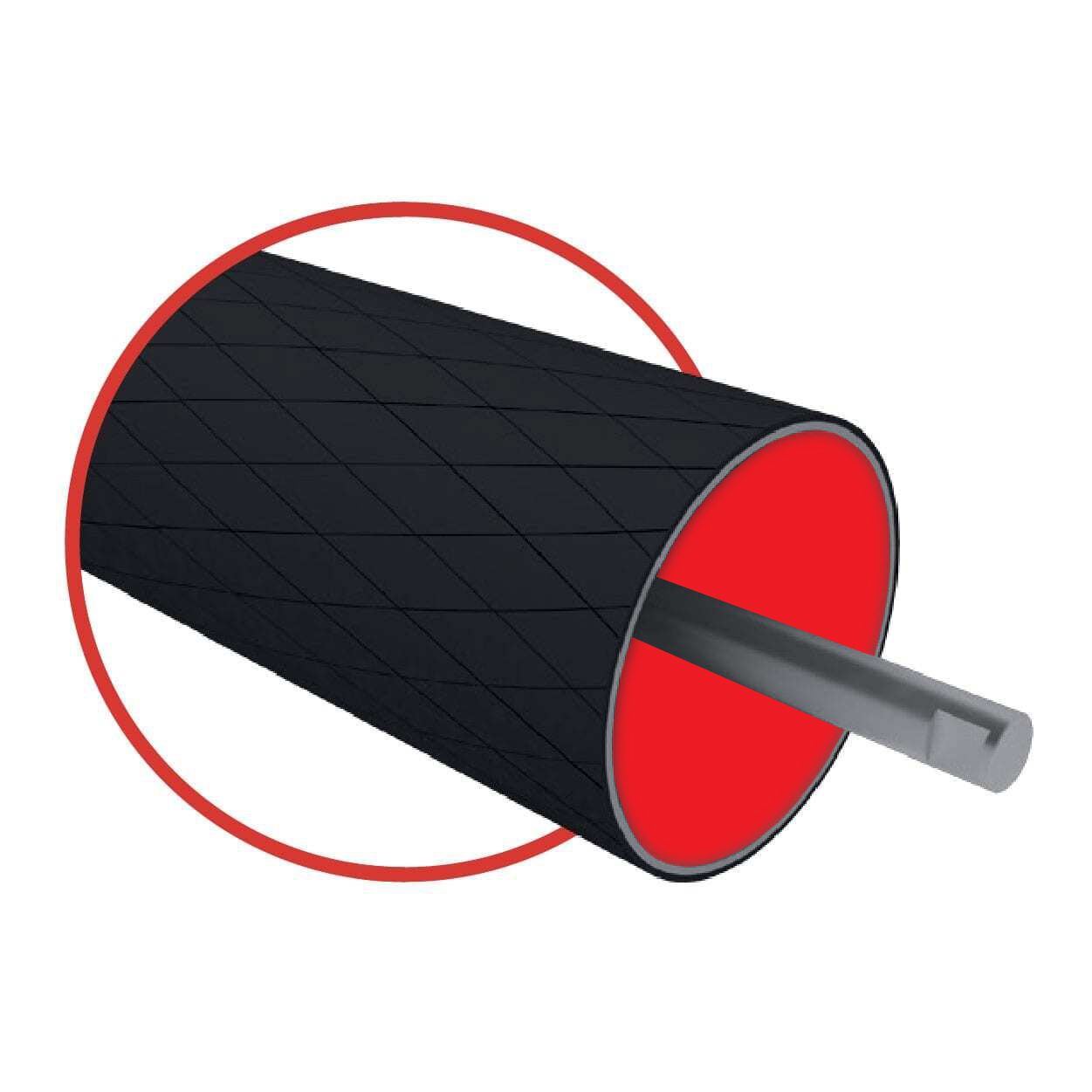 Illustration of a black cylindrical object with a red interior and a gray rod running through its center. The object, resembling belt tracking rollers, features diagonal lines on its surface and is surrounded by a red circle.