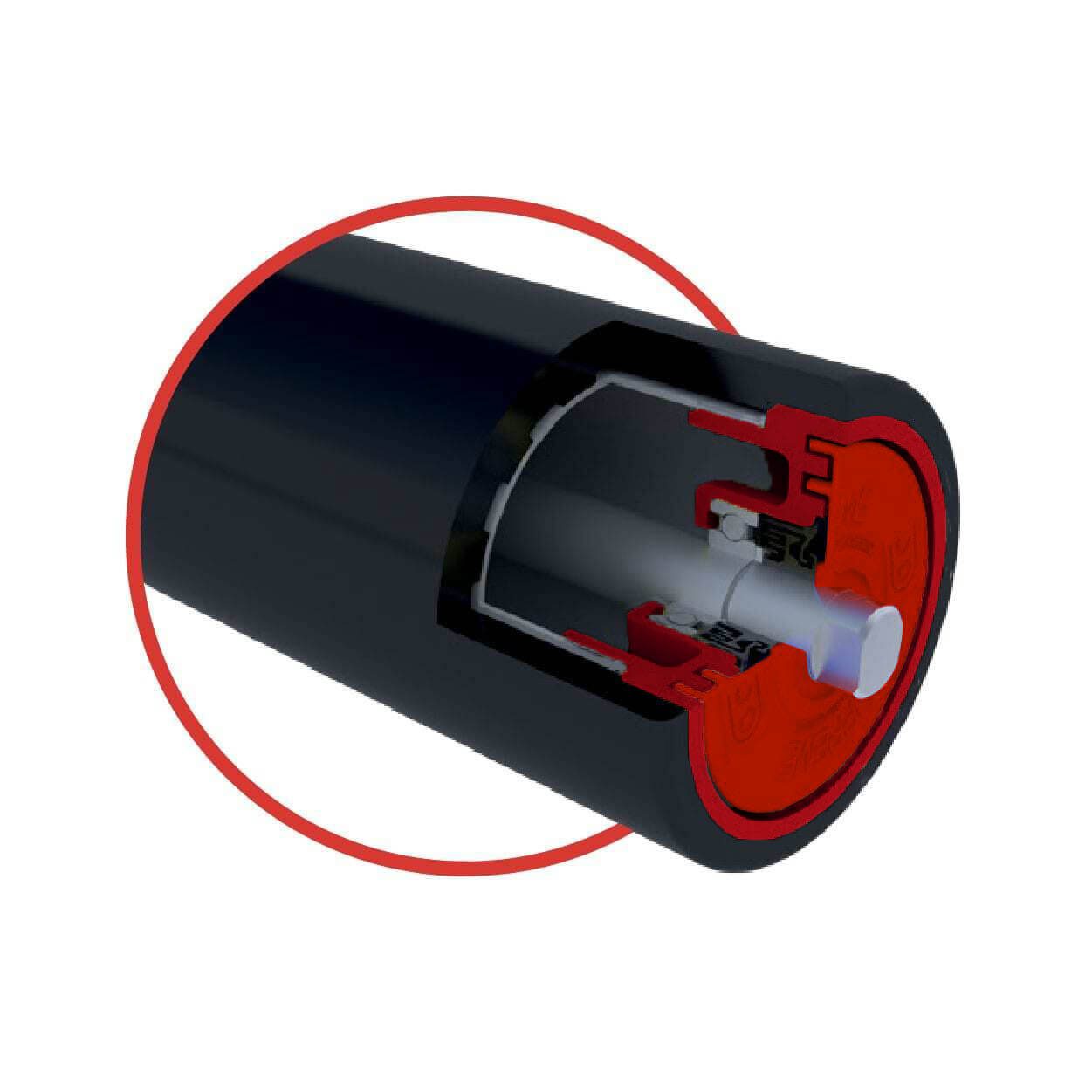 Cross-sectional view of a cylindrical object with an outer black casing and a red interior component, showcasing internal mechanisms and a white central part, characteristic of the Supreme HDPE Series Rollers.