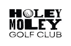 Black and white logo for 'Holey Moley Golf Club' featuring stylized text and a golf ball with the appearance of a hole in its center.