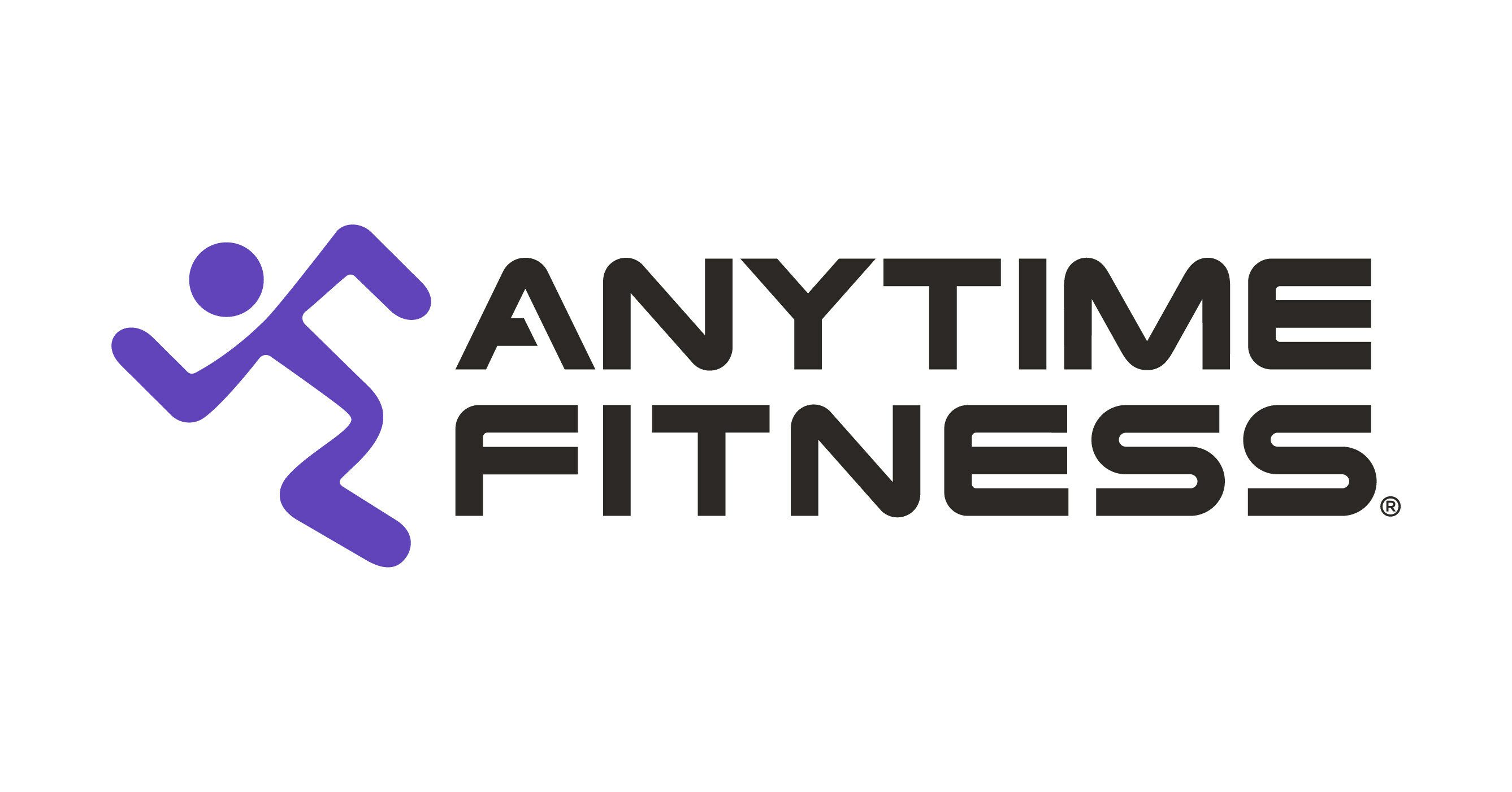 Logo of Anytime Fitness featuring a stylized figure running next to the words 'Anytime Fitness' in bold black font.