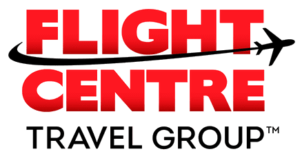 Logo of Flight Centre Travel Group featuring red text with a stylised airplane above the words on a white background.
