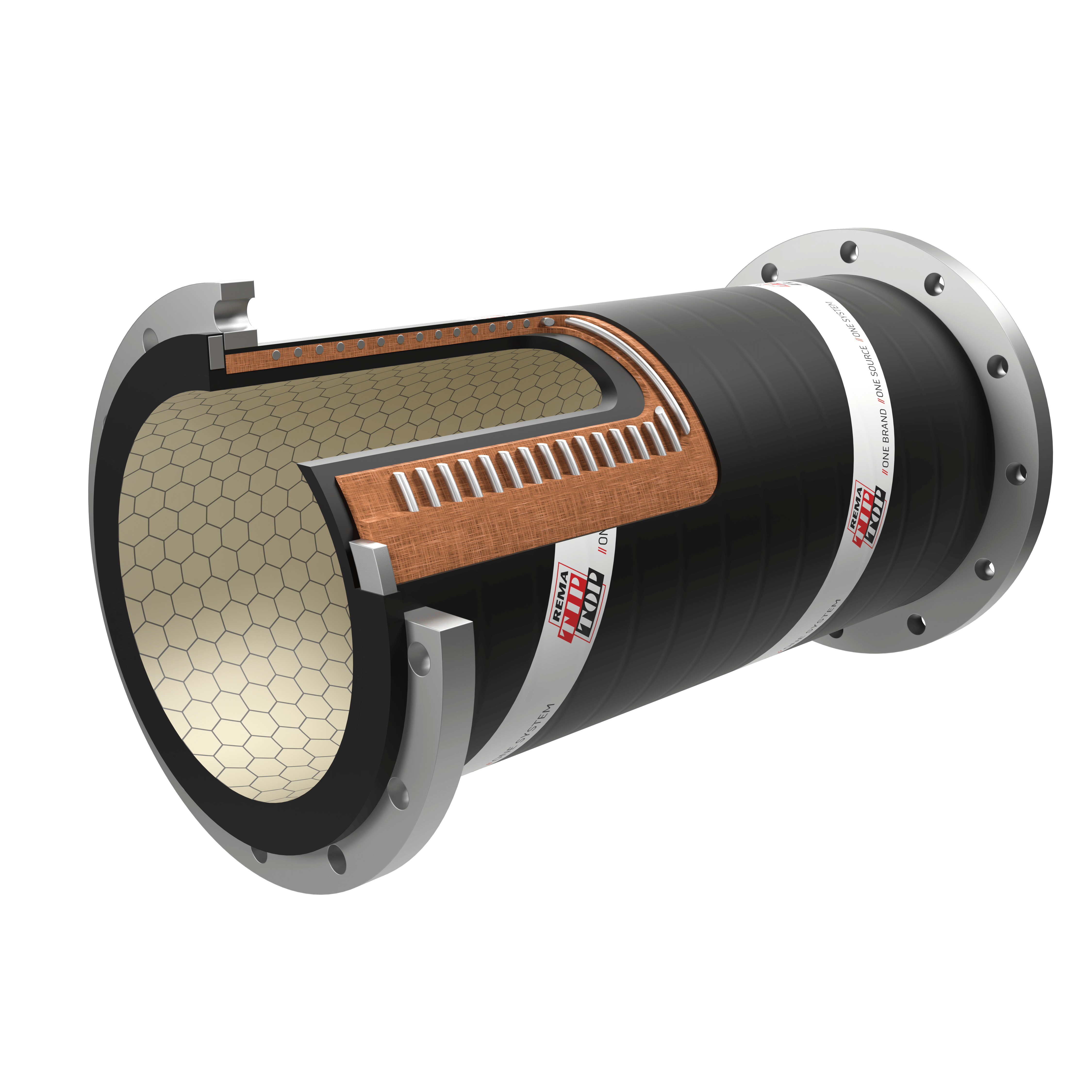 A cross-sectional view of a cylindrical, multi-layer industrial pipe with hexagonal inner lining, insulation layers, and metal flanges at both ends, resembling the design of a Ceramic Hard-Wall Suction & Delivery Hose.