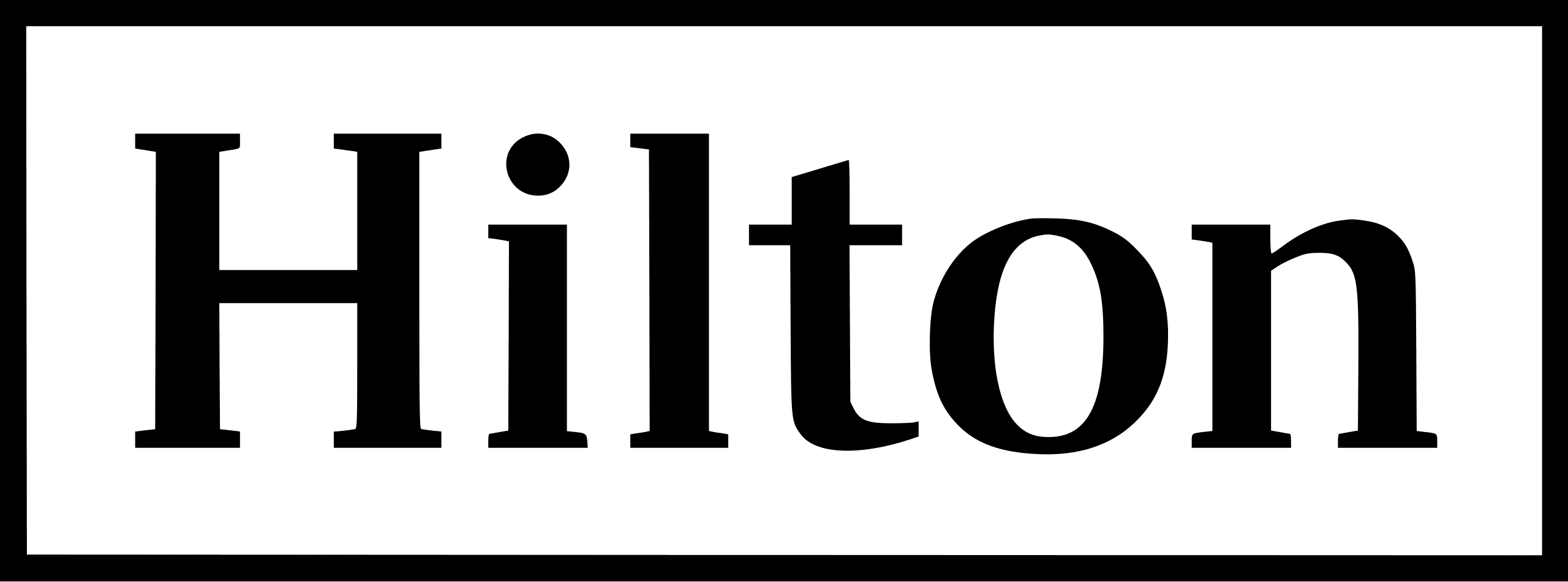 Hilton logo with bold, black letters on a dark green background.