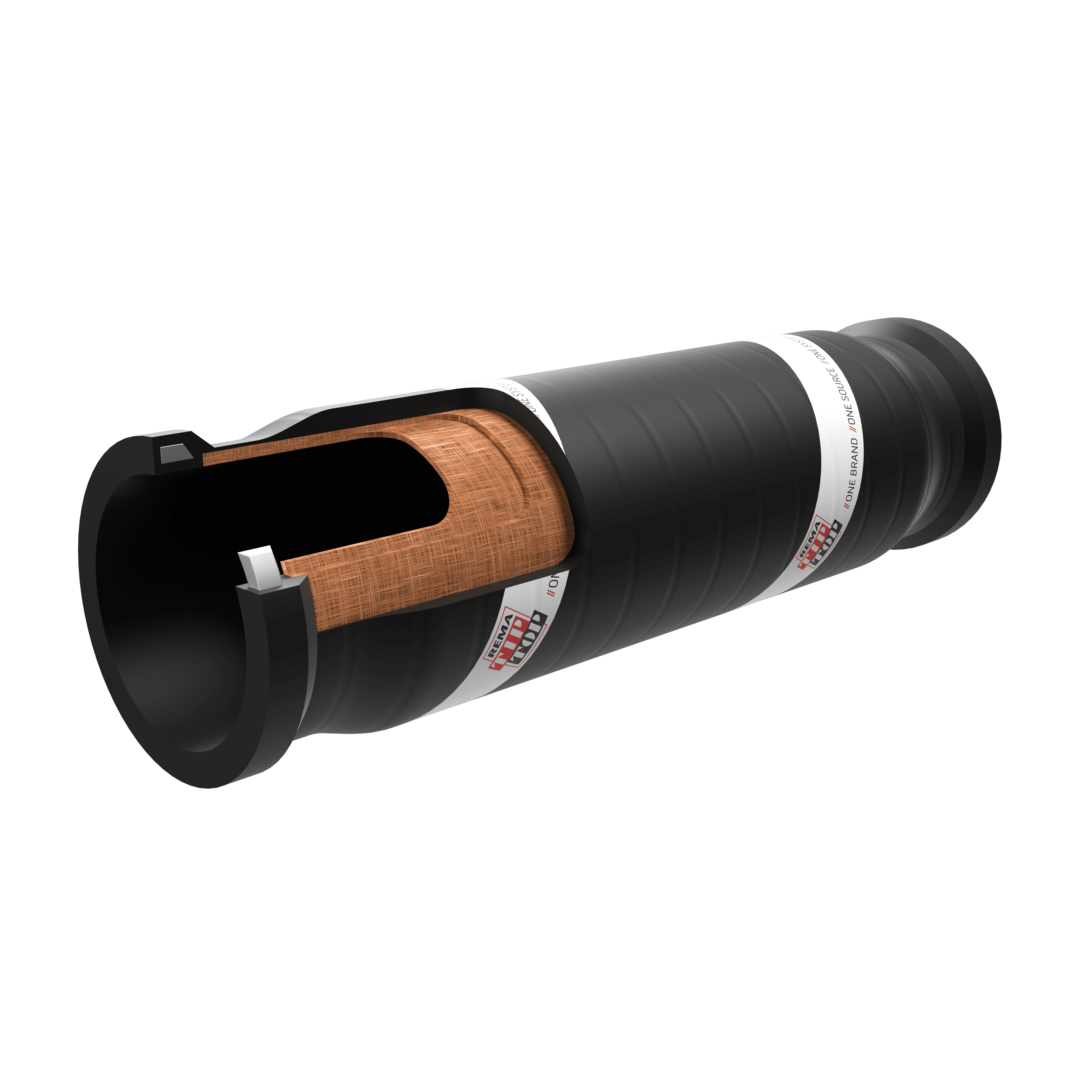 A cross-section of a black cylindrical object, resembling a Hard-Wall Reducer Hose, reveals a layered interior, including a wooden layer and a dark, ribbed outer shell. Labels with text are visible on the outer surface.