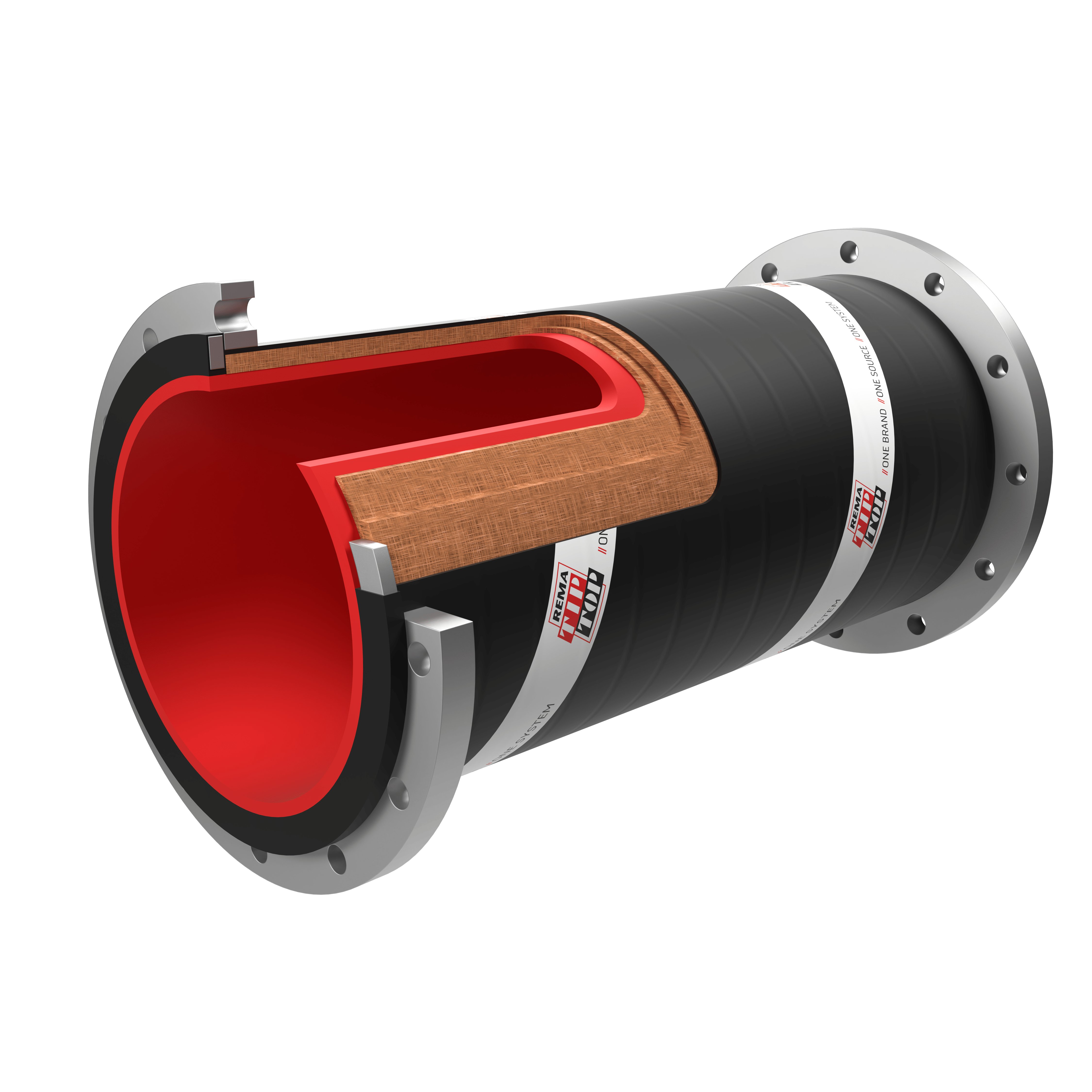 A cutaway view of a cylindrical industrial hose, resembling the REMATEX Hard-Wall Suction & Delivery Hose, with multiple layers revealing its internal structure. The outer layer is black, followed by a tan and red interior. The pipe has metallic flanges at both ends.