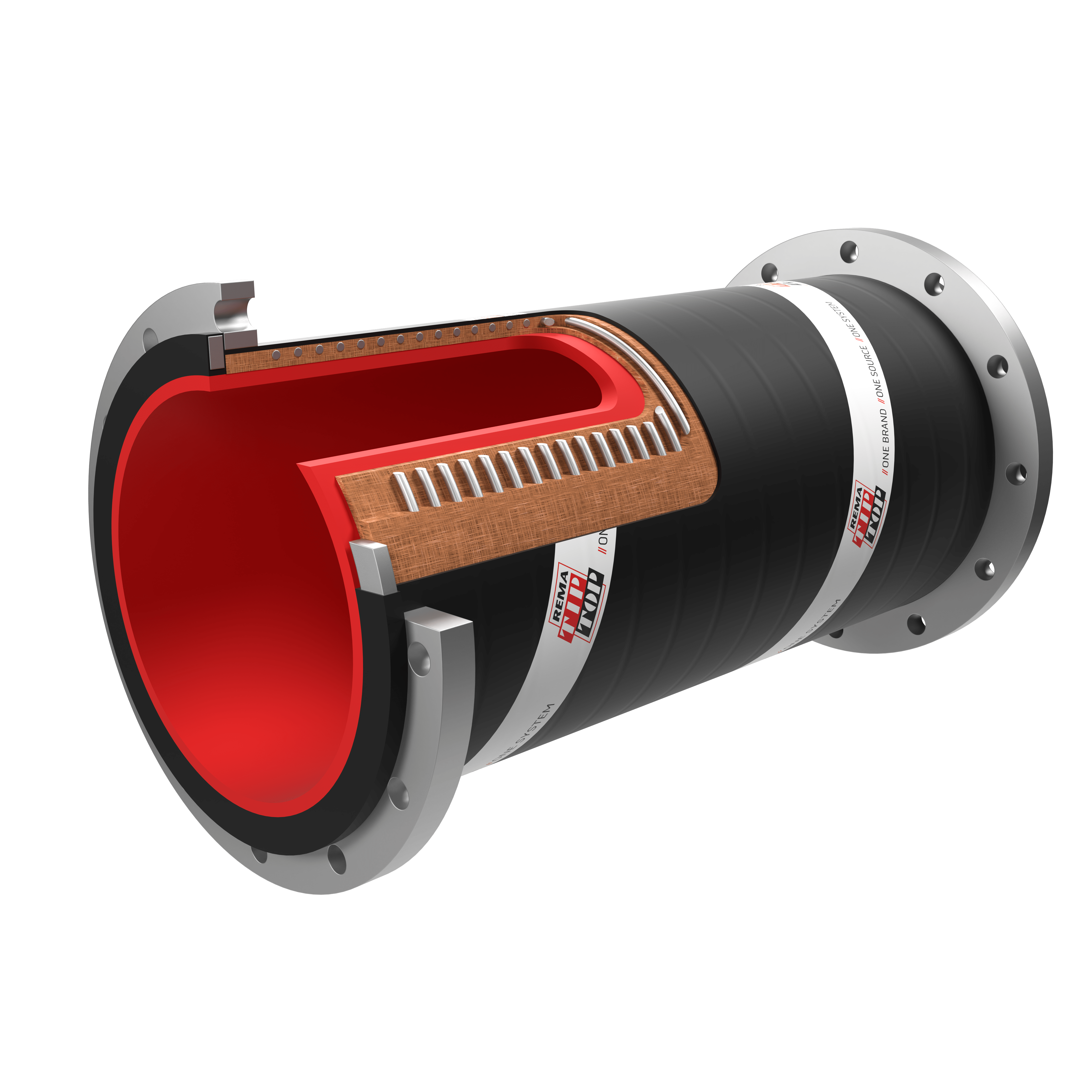 A cross-sectional view of a black cylindrical REMATEX Hard-Wall Suction & Delivery Hose with a red interior, showing layered construction and exposed bands, flanges at both ends.