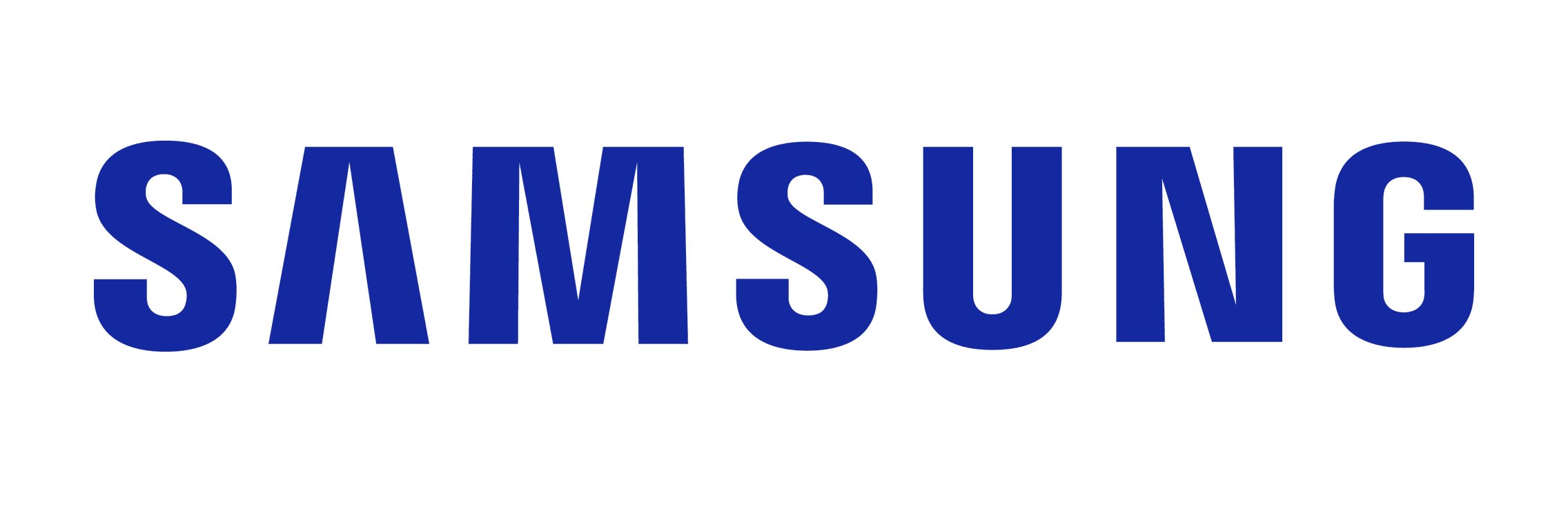Samsung logo in blue uppercase letters on a white background.