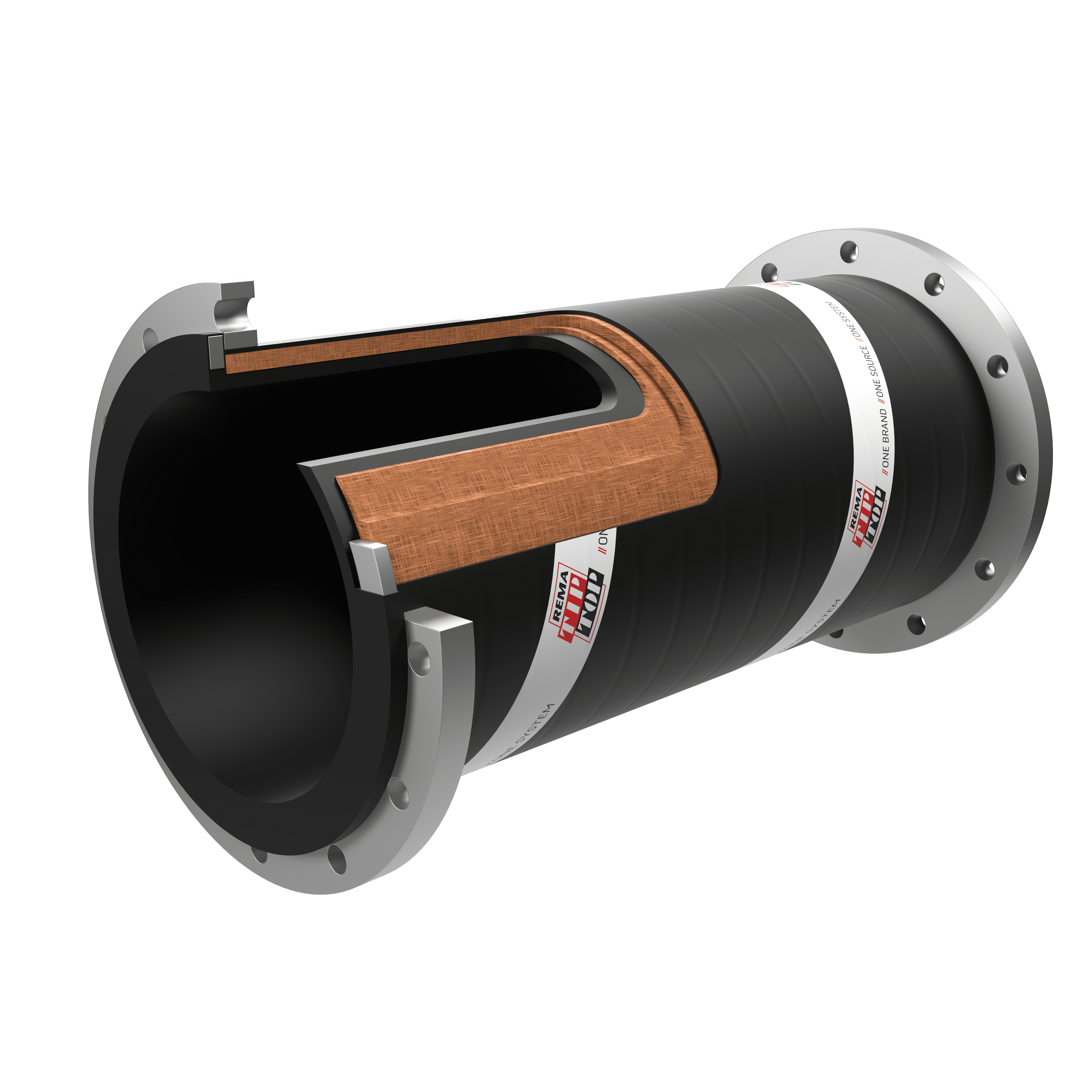 Cross-sectional view of a soft wall delivery hose with metal flanges at both ends, showcasing internal layers and materials including a brown reinforcing layer.