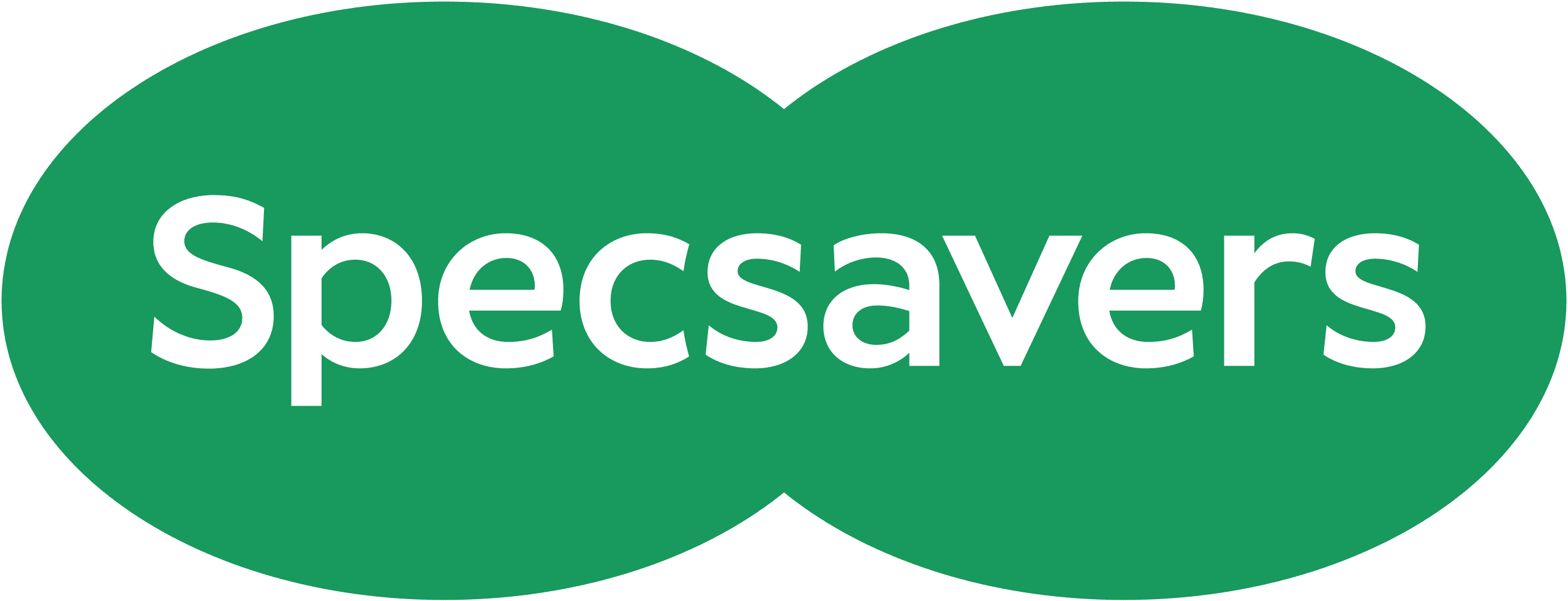 Logo of Specsavers featuring white text on a green background shaped like stylized glasses.