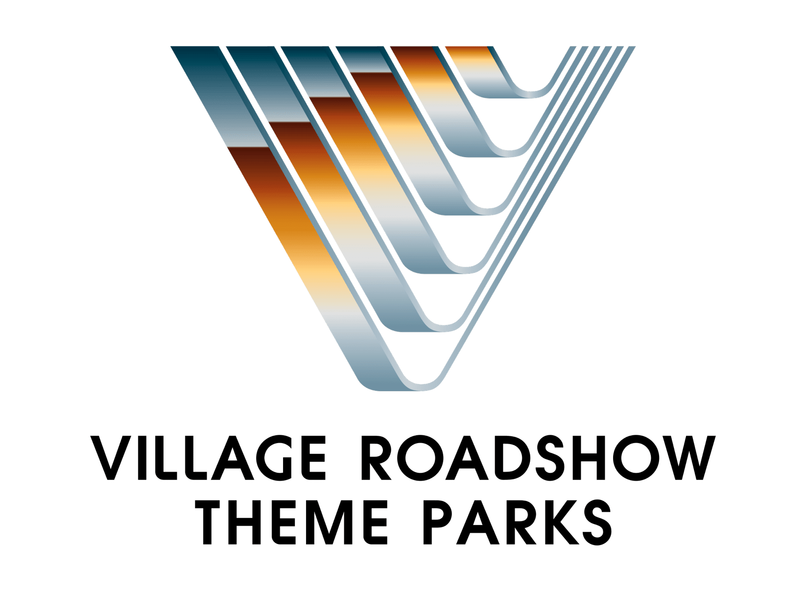 Logo of Village Roadshow Theme Parks featuring a stylized, colorful 'V' above the text on a green background.