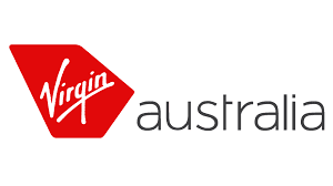 Logo of Virgin Australia featuring a red diamond shape with the word 'Virgin' in white cursive font next to the word 'Australia' in gray lower-case letters.