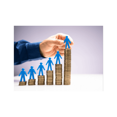 A hand arranges blue human figures on stacks of coins increasing in height, symbolizing financial growth or investment success.