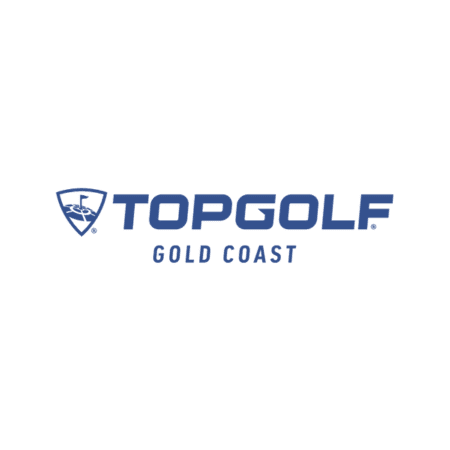 Logo for Topgolf Gold Coast, featuring a shield icon with a golf ball and the words "TOPGOLF GOLD COAST" in blue text.