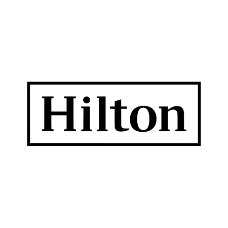 Logo of Hilton. The word "Hilton" is in black, capitalized serif font, and enclosed in a rectangular black border.