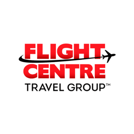 Logo of Flight Centre Travel Group with the text "Flight Centre" in bold red letters above "Travel Group" in black letters, accompanied by a small airplane graphic.