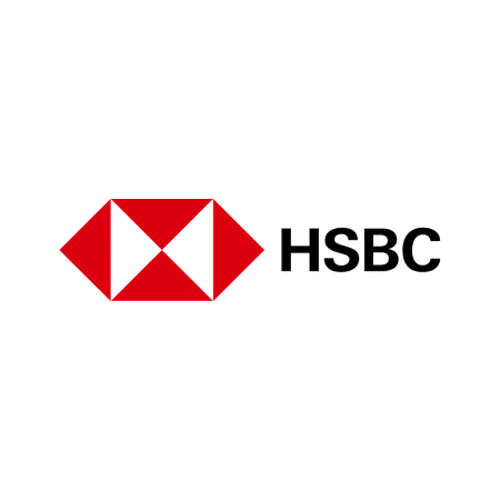 HSBC logo featuring a red hexagon with white triangles inside it, next to black text reading "HSBC" on a white background.