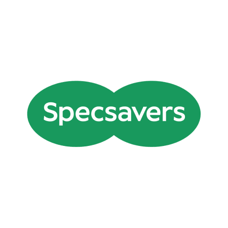 The Specsavers logo features white text on overlapping green ovals.