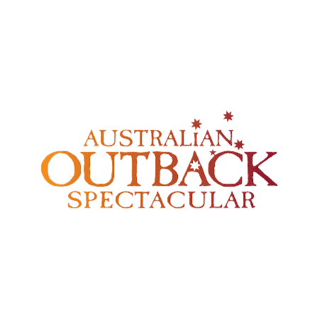 Logo of the Australian Outback Spectacular with the words "Australian Outback Spectacular" in gradient shades of yellow, orange, and red, and three red leaves.