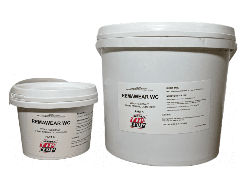 Two white buckets labeled "REMAWEAR WC" containing wear-resistant epoxy ceramic composite, displayed against a plain background. The smaller bucket is "Part B" and the larger is "Part A" of the mixture.