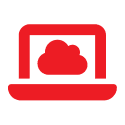 Red computer monitor icon with a cloud symbol on the screen, representing cloud-based computing.