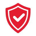 A red shield with a white border features a white checkmark in the center.