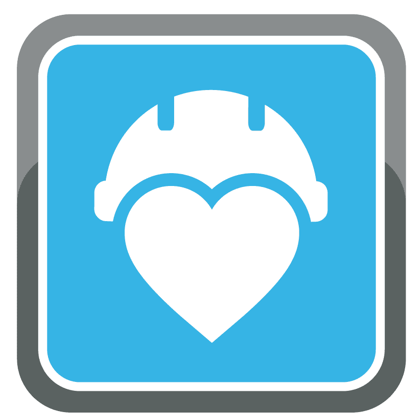 Safety icon with a white hard hat and heart symbol on a blue background.