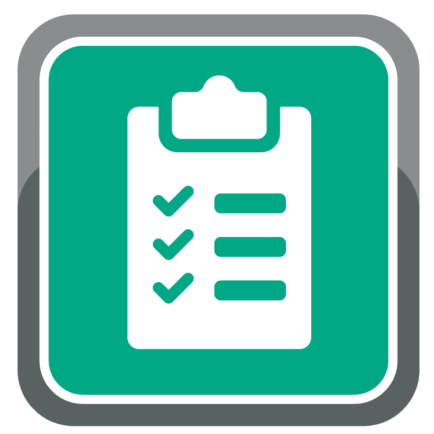 Green icon with a white clipboard showing three checkmarks.