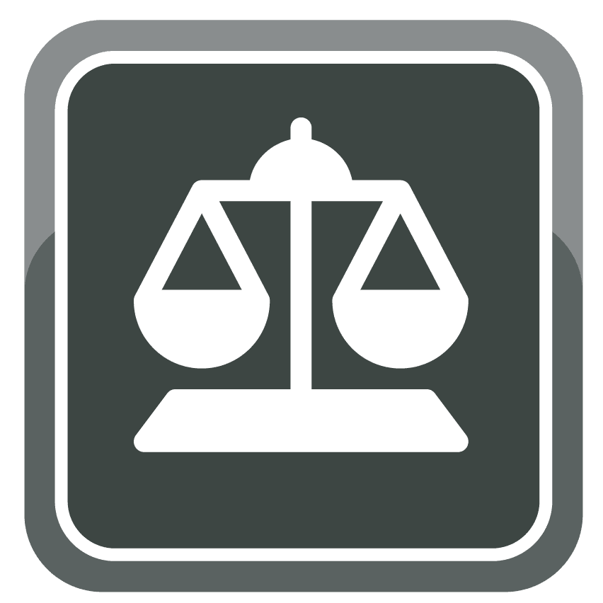 Icon of balanced scales on a dark gray square background, symbolizing fairness or justice.