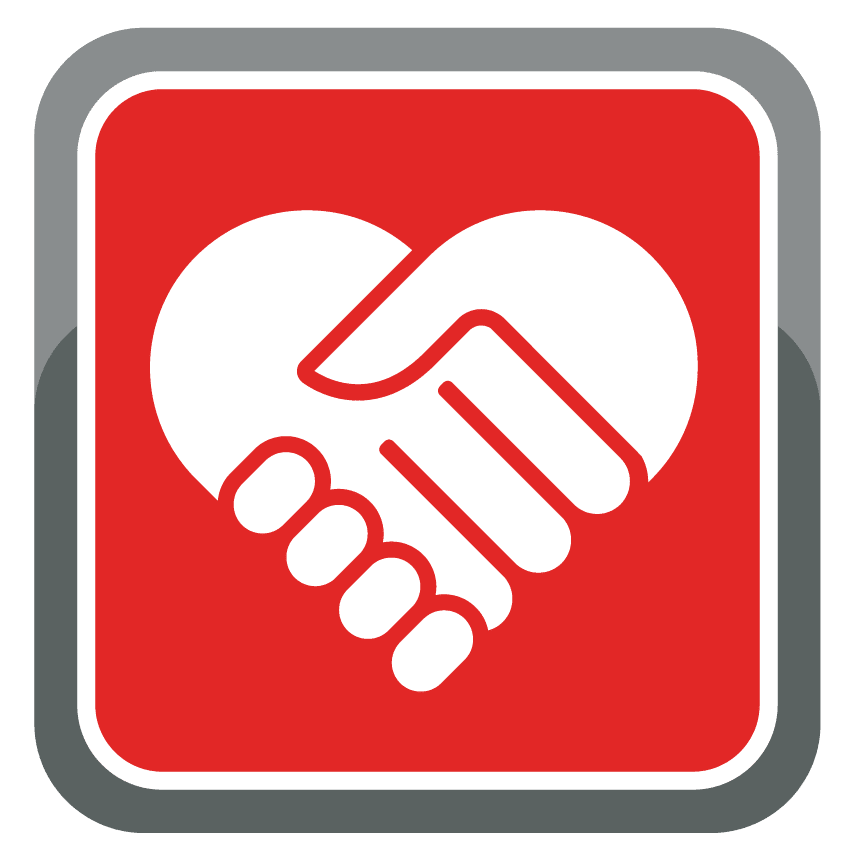 Icon of two hands forming a heart shape on a red square background.