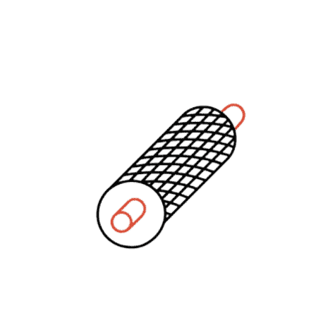 A simplified illustration of a cylindrical object with a net-like outer pattern and two concentric red circles inside, possibly representing a sausage or deli meat.