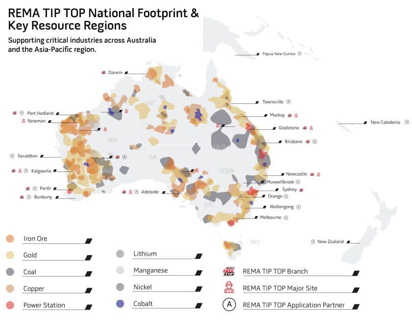 Map of Australia showing locations of iron ore, coal, copper, power stations, lithium, manganese resources, and REMA TIP TOP branches and sites, with icons representing each resource type.