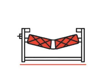 Illustration of a red, sagging conveyor belt on a roller frame, showing belt misalignment or lack of tension.